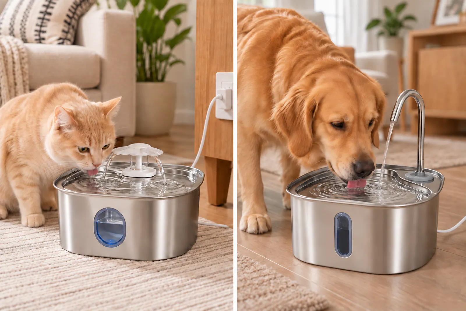 Cat and dog drinking from standard powered stainless steel pet fountains with enlarged and standard front water-level windows
