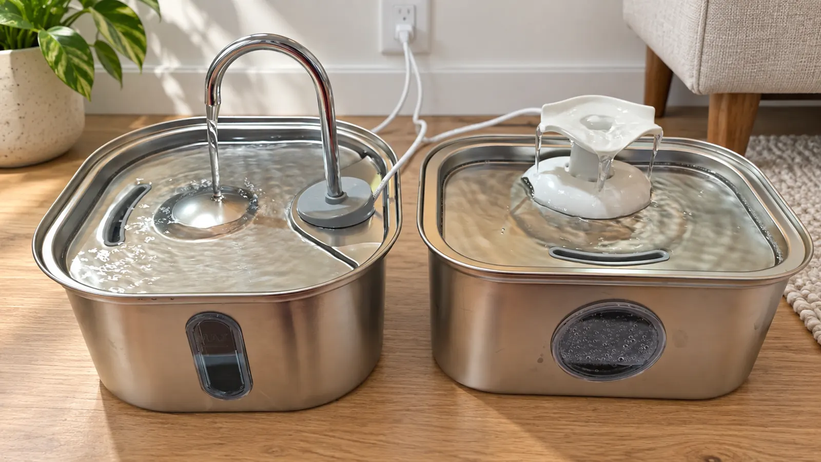 Classic faucet-style stainless steel cat water fountain beside a rectangle fountain with an optional new outlet configuration