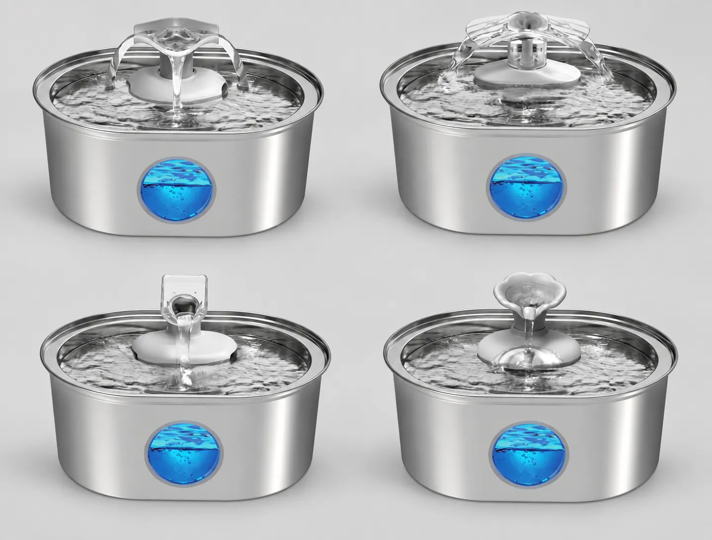 Oval stainless steel fountain configuration reference showing four optional spout designs