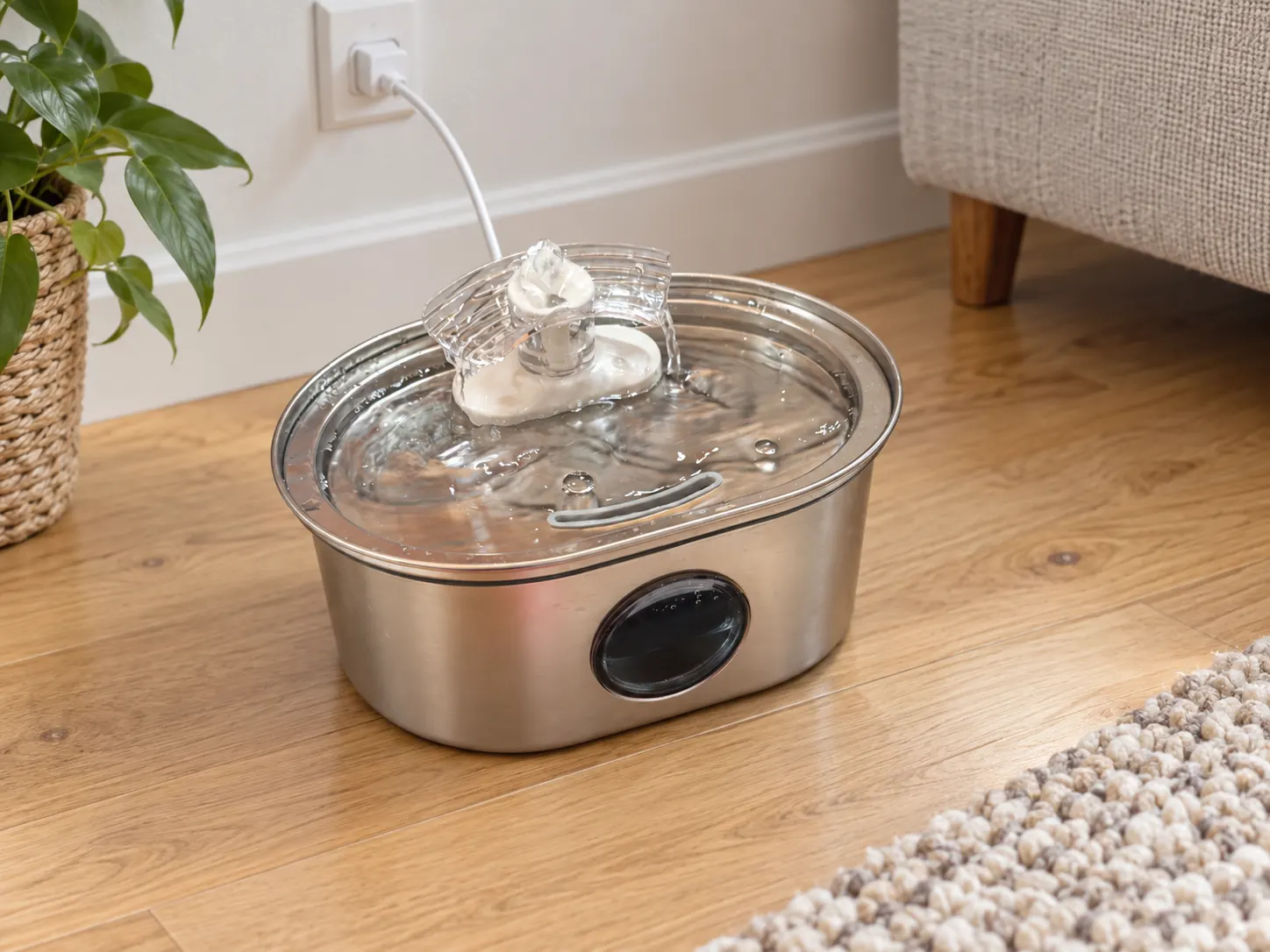 Powered oval stainless steel cat water fountain with enlarged viewing window and optional new spout in a home setting