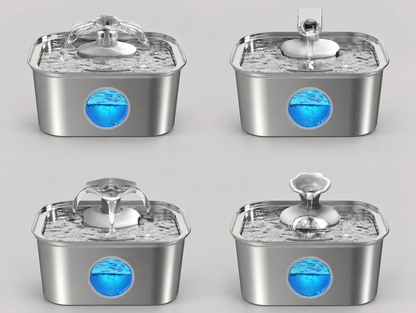 Rectangle stainless steel fountain configuration reference showing four optional spout designs