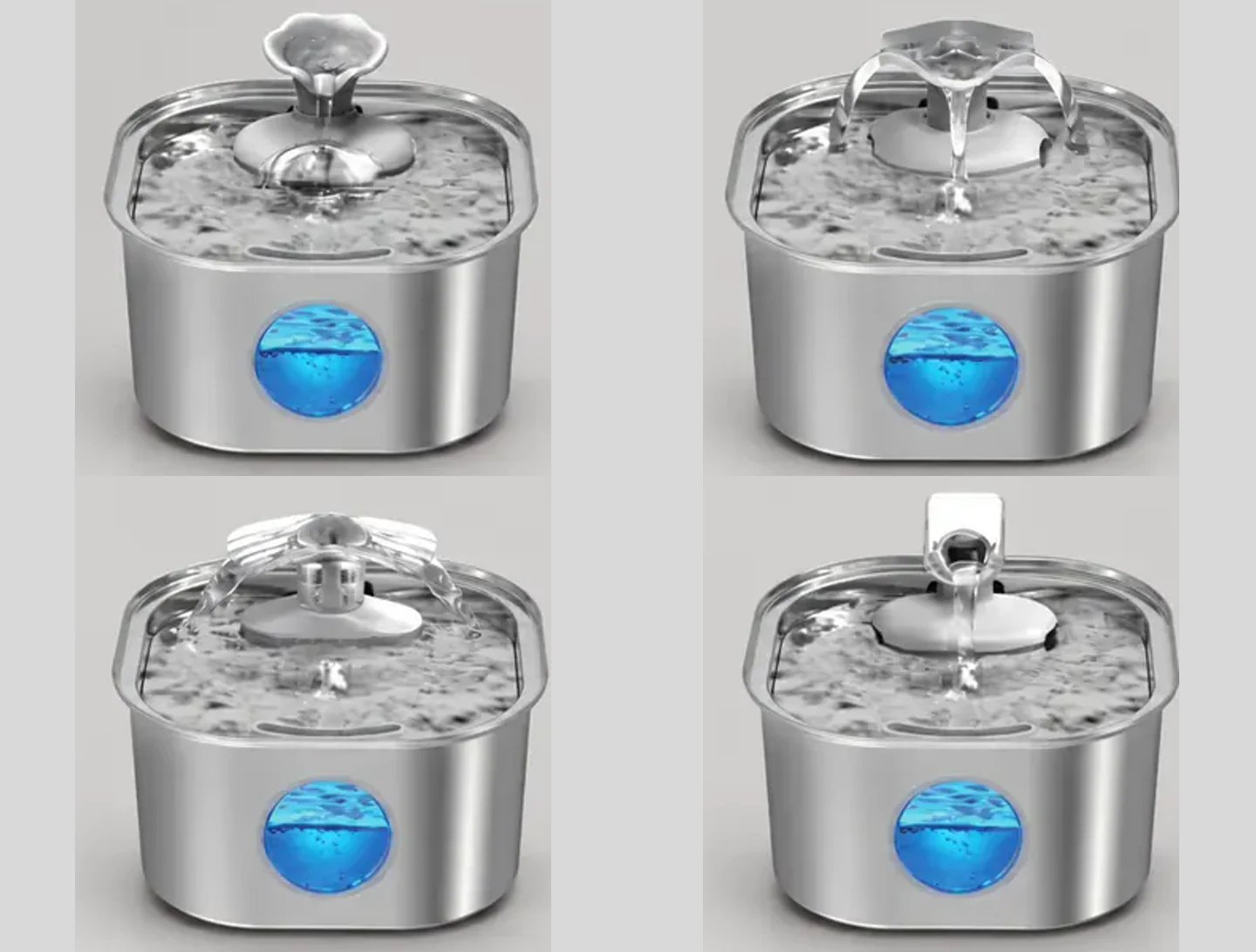 Square stainless steel fountain configuration reference showing four optional spout designs