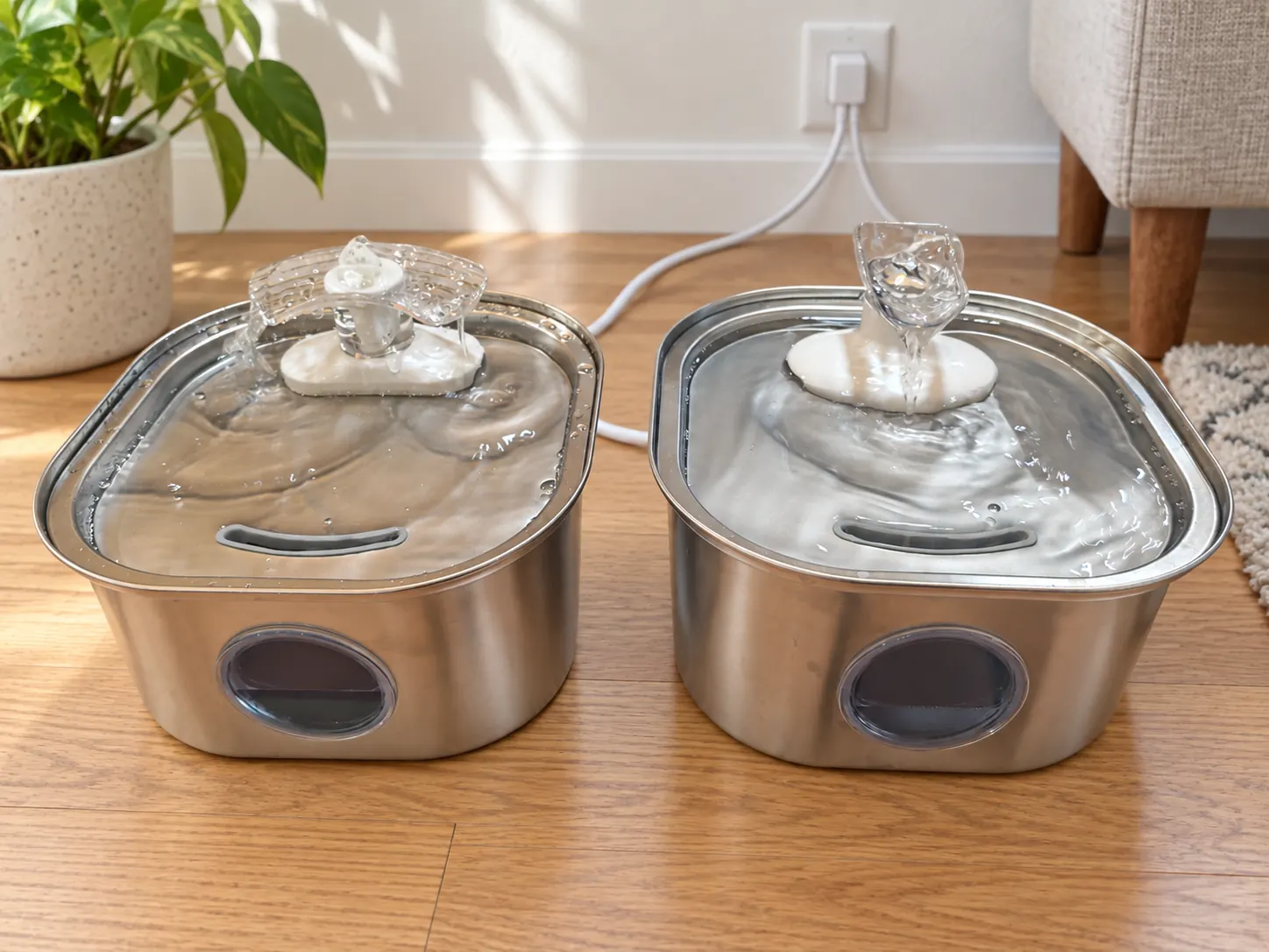 Two powered square stainless steel cat water fountains showing different optional new spouts