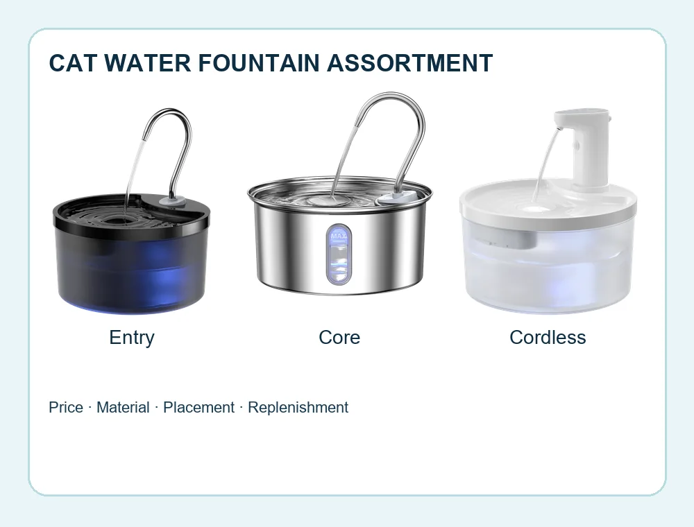 Plastic, stainless steel and cordless cat water fountains arranged as a retail assortment