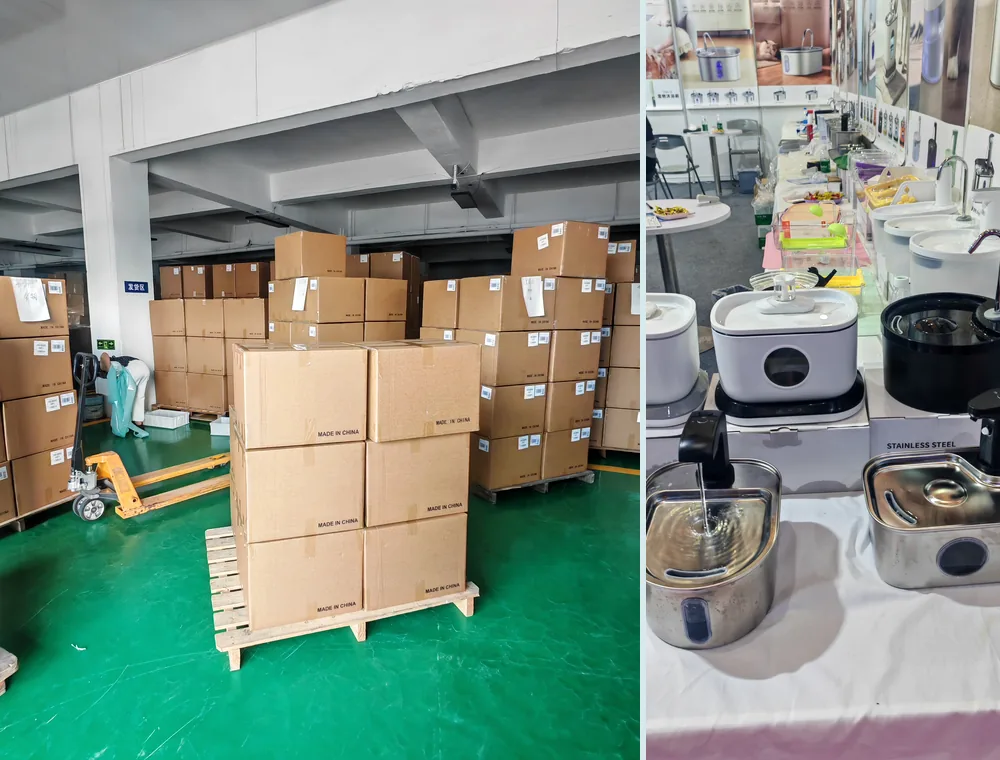 Two Fountelio cat water fountain models displayed with neutral product boxes
