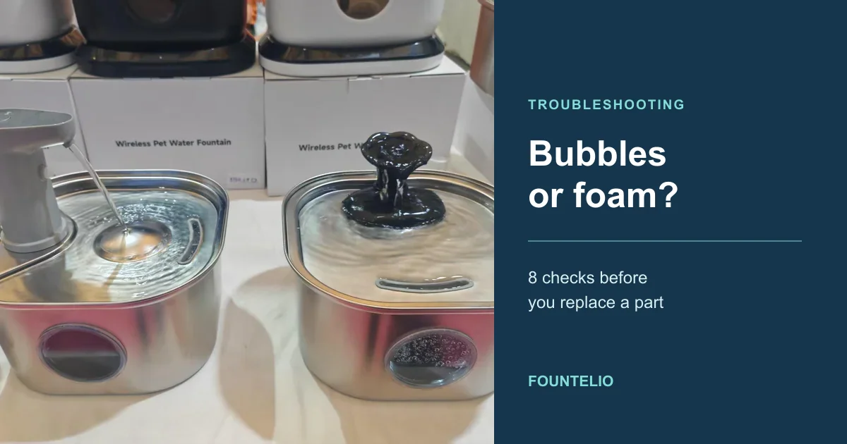 Two Fountelio stainless steel cat water fountains beside a foam and bubbles diagnostic guide
