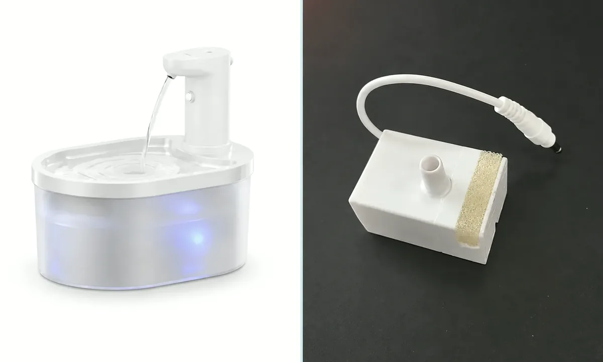 Fountelio cat water fountain and a separate pump arranged for troubleshooting and replacement review