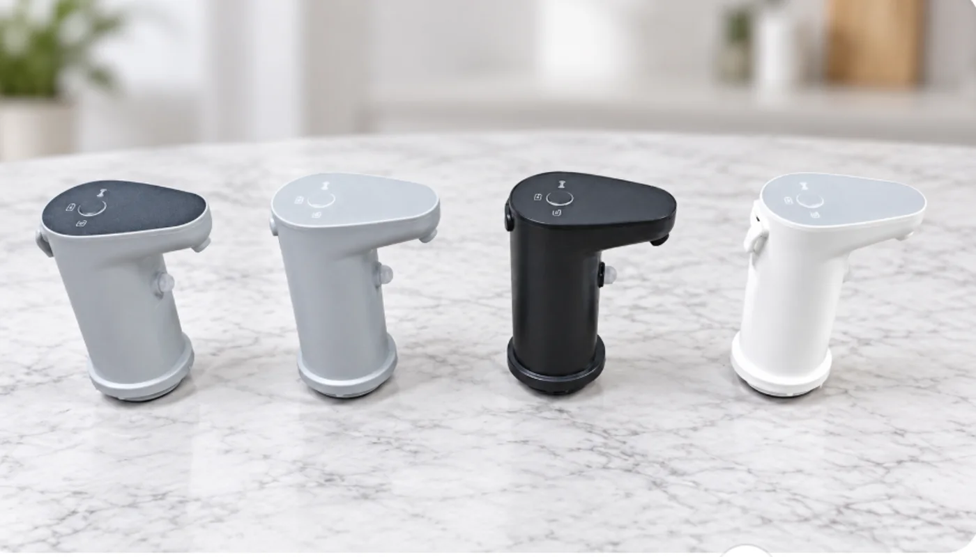 Four Fountelio fountain outlet and control module options arranged for product review