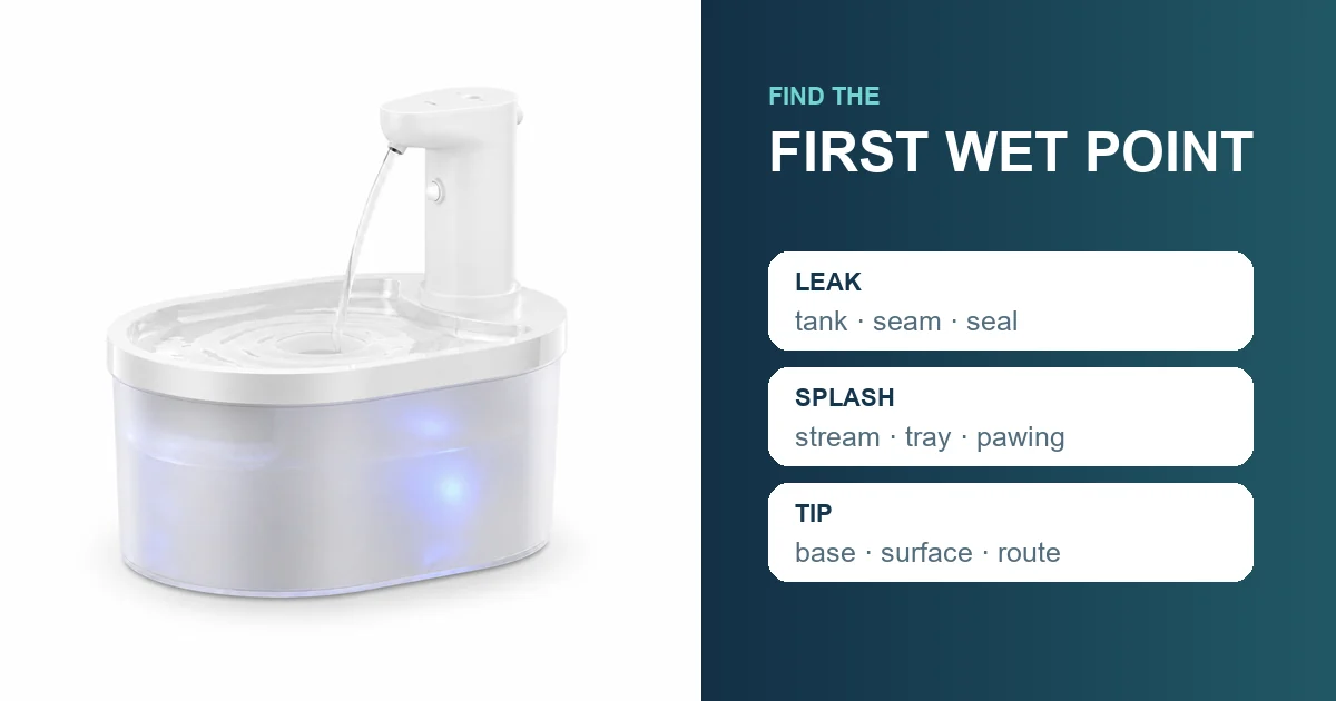 Fountelio cat water fountain beside a leak, splash and tipping diagnosis checklist