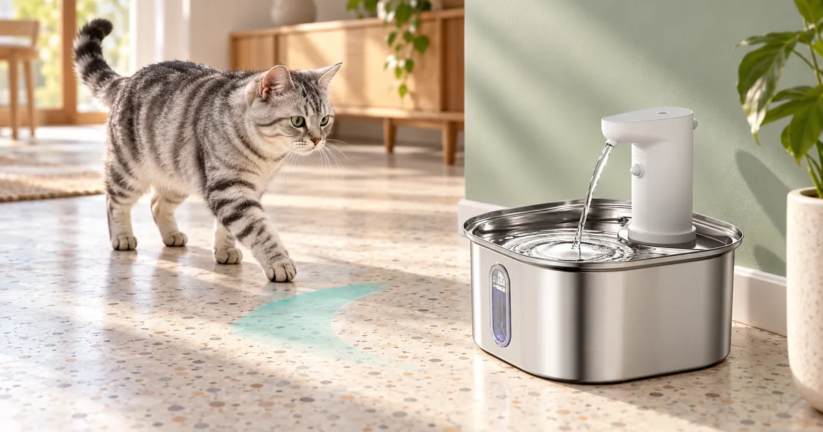 Illustration einer Katze vor einem Fountelio-Katzenbrunnen mit weißem Aufsatz; die Bodenmarkierung ist kein gemessenes Sensorfeld