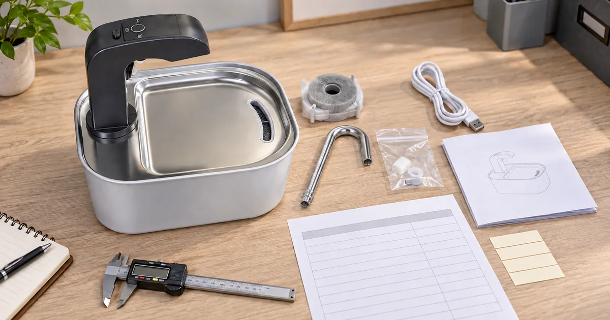 Edelstahl-Katzenbrunnen mit Filter, USB-Kabel, Auslauf, Anleitung, Messschieber und leerem Prüfblatt auf einem Tisch