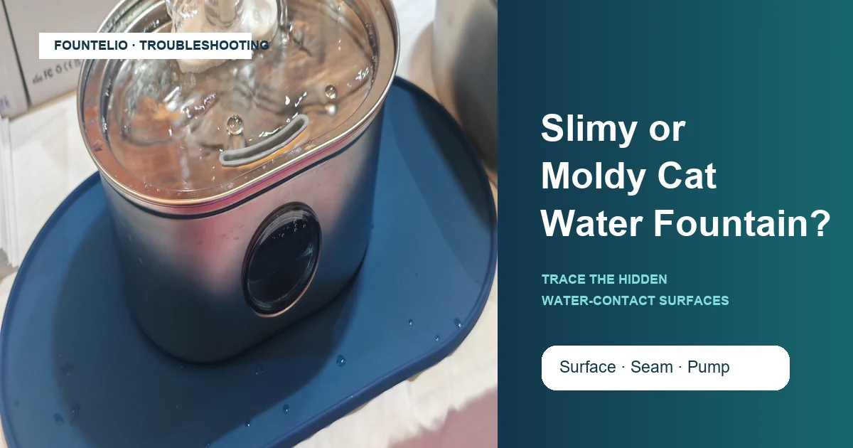 Fountelio cat water fountain beside a surface, seam and pump inspection guide