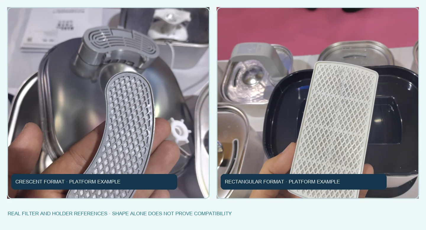 Crescent and rectangular filter cartridges held beside their Fountelio fountain platforms