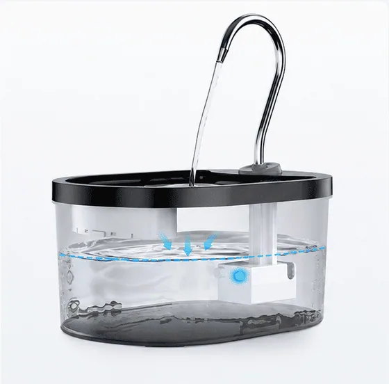 Fountelio fountain product illustration showing a normal blue water-level indicator